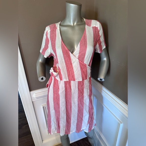 Marine Layer Stripped Pink/White Wrap Tie Linen Blend Dress Sz M - Picture 1 of 4